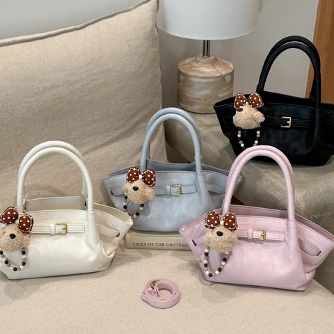 Damen PU Leder Tote Tasche Vintage Casual Schulter Umhängetasche Handtasche Mit Süßem Bären Anhänger