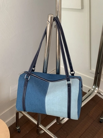 Sac Boston Vintage en Denim Patchwork pour Femmes Surpiqûres Contrastées Minimalistes Sac à Bandoulière Cabas Décontracté