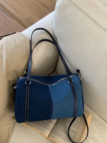Sac Boston Vintage en Denim Patchwork pour Femmes Surpiqûres Contrastées Minimalistes Sac à Bandoulière Cabas Décontracté