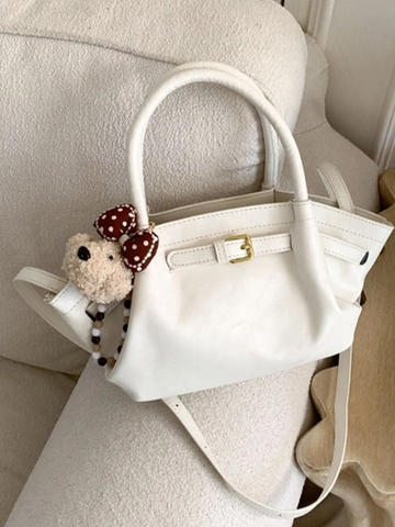 Women PU Leather Bucket Bag Crossbody Shoulder Tote With Plush Bear Charm Vintage Solid Color Daily Casual Handbag