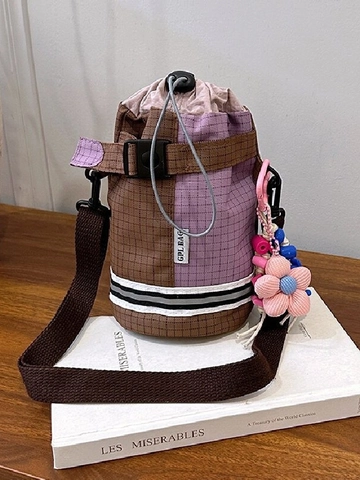 Drawstring Water Bottle Bag Plaid Color Block Nylon Shoulder Crossbody Bag With Flower Pendant Outdoor Cycling Sports Mobile Phone Bucket Bag