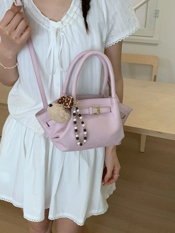 Women PU Leather Bucket Bag Crossbody Shoulder Tote With Plush Bear Charm Vintage Solid Color Daily Casual Handbag