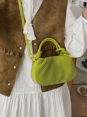 Women's Pleated PU Leather Bucket Bag Minimalist Ruched Crossbody Shoulder Bag With Knot Handle Trendy Casual Commuting Handbag
