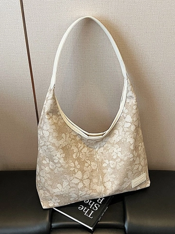 Sac Tote Vintage Jacquard Floral Grande Capacité pour Femmes Épissage en Cuir PU Sac à Épaule Décontracté École Navette