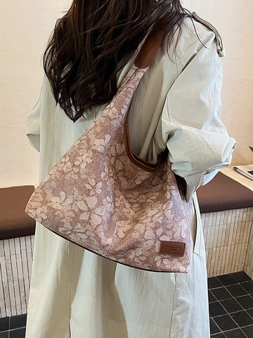 Sac Tote Vintage Jacquard Floral Grande Capacité pour Femmes Épissage en Cuir PU Sac à Épaule Décontracté École Navette