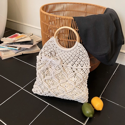 Dames Handgeweven Stro Handtas Bohemian Ajour Gehaakte Tote Tas Met Houten Ring Handvatten Kanten Strik Kunstparel Charme Strand Vakantie Handtas