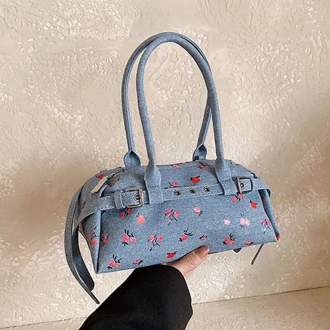 Sac Bandoulière Femme Vintage en Denim Fleuri Motif Rose Rétro Mini Sac Épaule Oreiller Petit Sac à Main Boston Décontracté