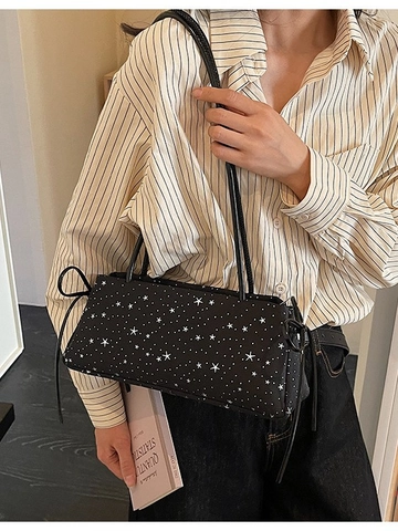 Bolso de Hombro para Mujer con Estampado de Estrellas Bolso Baguette Casual de Tela y Cuero PU con Lazo Lateral y Cremallera