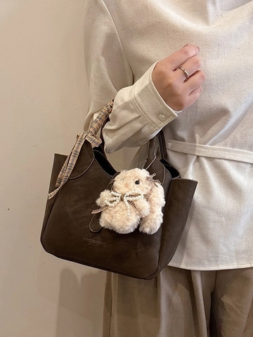 Women's Vintage PU Leather Bucket Bag With Checkered Ribbon And Removable Plush Rabbit Charm Sweet Shoulder Crossbody Handbag For Daily