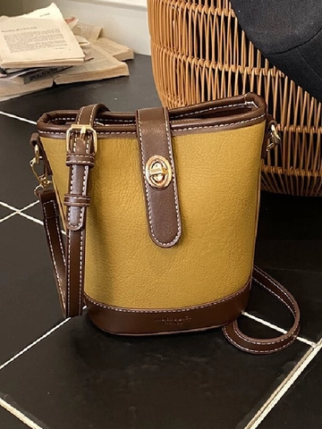 Bolso de Cubo de Cuero PU de Bloque de Color Vintage Para Mujer Bolso de Hombro Cruzado Retro con Correa Ajustable Cierre de Torsión