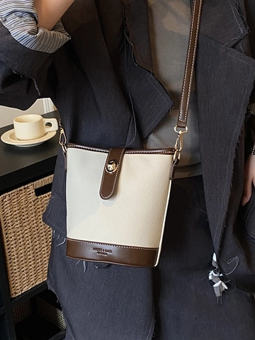 Bolso de Cubo de Cuero PU de Bloque de Color Vintage Para Mujer Bolso de Hombro Cruzado Retro con Correa Ajustable Cierre de Torsión
