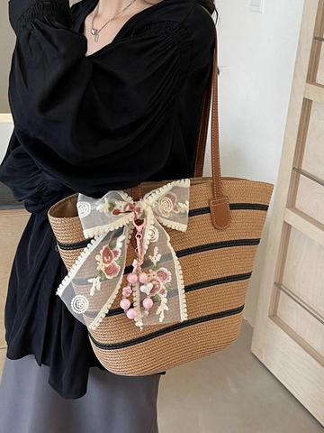 Franse Stijl Stro Gevlochten Tote Tas Voor Vrouwen Grote Capaciteit Kant Strik Bloemen Borduurwerk PU Schoudertas Vakantie Strand Handtas