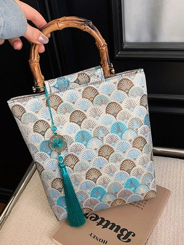 Sac à Main Brodé de Style Nouveau Chinois Avec Poignée en Bambou Vintage Brocart Gland Tote Bag pour Femme Mariage Fête Voyage Quotidien
