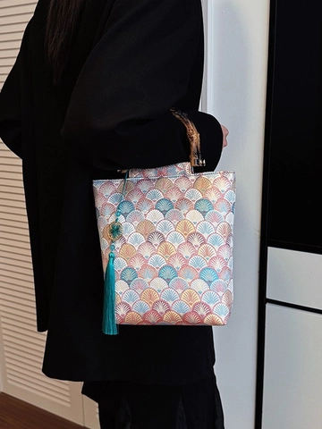 Sac à Main Brodé de Style Nouveau Chinois Avec Poignée en Bambou Vintage Brocart Gland Tote Bag pour Femme Mariage Fête Voyage Quotidien