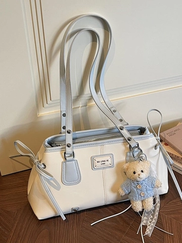 Women Large PU Leather Tote Bag Soft Glossy Shoulder Bag For Daily Commute Vintage Handbag With Plush Bear Pendant