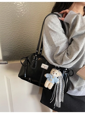 Women Large PU Leather Tote Bag Soft Glossy Shoulder Bag For Daily Commute Vintage Handbag With Plush Bear Pendant