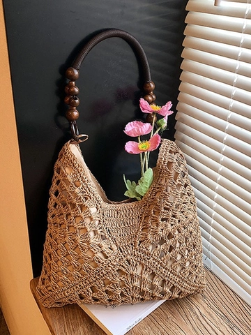 Large Capacity Handmade Crochet Straw Woven Tote Bag With Wood Bead Handle Bohemian Beach Shoulder Bag For Women