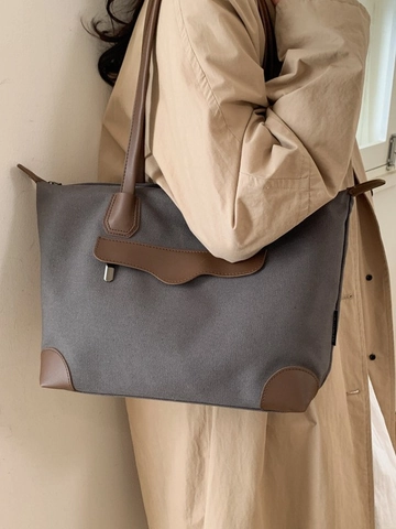 Bolso Tote de Lona con Costuras de Gran Capacidad para Mujer Vintage Simple Color en Contraste Bolso de Hombro Escuela Oficina Bolso de Mano Diario