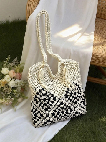 Sac Fourre-Tout Tissé Main Crochet Tournesol Pour Femme Style Bohème Grande Kapacité Vacances Été Sac À Épaule Avec Glands