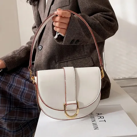Borsa a Sella da Donna in Pelle PU Con Fibbia a D Dorata Vintage Borsa a Spalla Tracolla Con Bordi a Contrasto per il Pendolarismo Quotidiano Borsa alla Moda