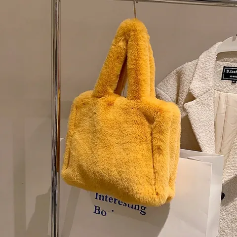 Bolso Tote de Peluche de Piel Sintética para Mujer Bolso de Mano Suave de Color Sólido Gran Capacidad para Otoño Invierno Moda Casual