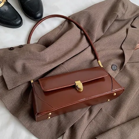 Bolso de Hombro de Cuero PU Retro de Estilo Francés para Mujer Bolso de Hombro de Color Sólido Con Cierre Dorado para el Trabajo