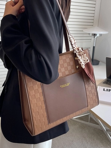 Borsa Tote da Donna Grande Capacità in Pelle PU Goffrata a Scacchiera con Decorazione a Sciarpa Leopardata per Ufficio