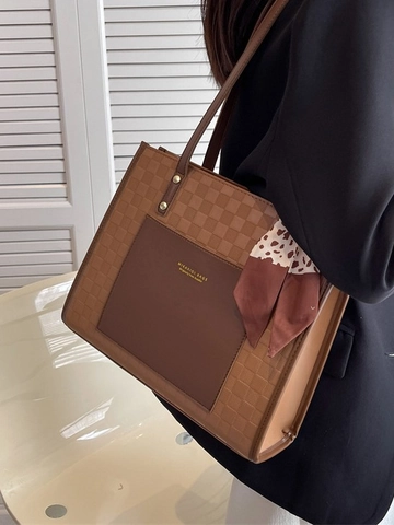 Borsa Tote da Donna Grande Capacità in Pelle PU Goffrata a Scacchiera con Decorazione a Sciarpa Leopardata per Ufficio