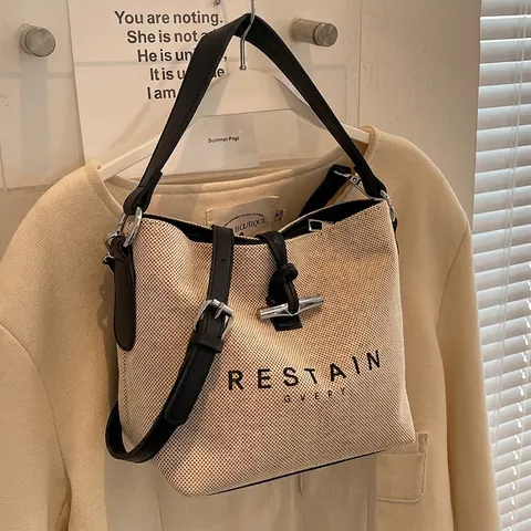 Borsa a Secchiello Donna in Tela e Pelle Con Chiusura ad Alamaro Stampa Lettera Tracolla Singola Borsa a Spalla Casual Borsetta
