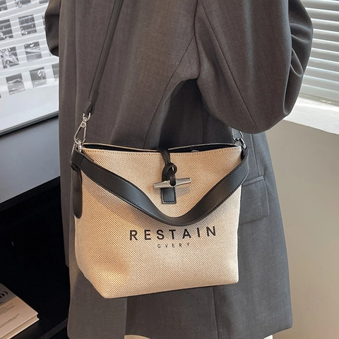Borsa a Secchiello Donna in Tela e Pelle Con Chiusura ad Alamaro Stampa Lettera Tracolla Singola Borsa a Spalla Casual Borsetta
