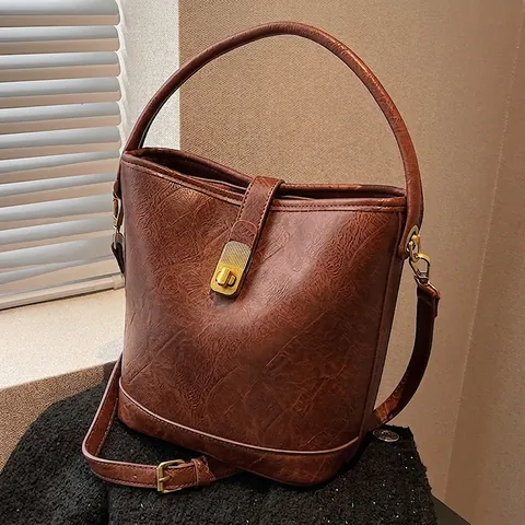 Borsa a Secchiello in Pelle PU Vintage da Donna Stile Coreano Retro Borsa a Tracolla Con Chiusura a Girello in Metallo Oro