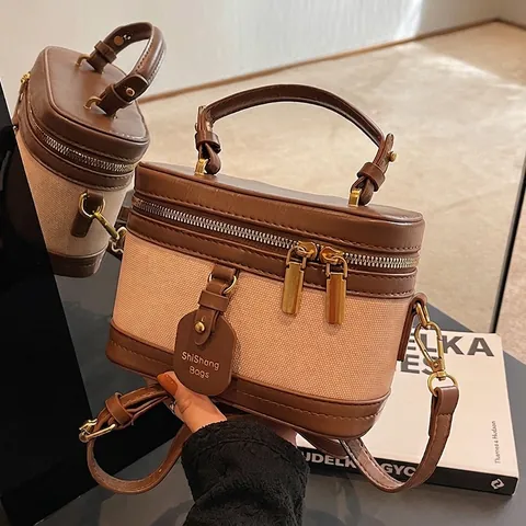 Sac à Main Vintage pour Femme en Toile et Cuir PU Contrasté Petit Sac Bandoulière Mode Vanity Bucket Bag