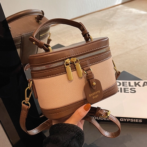 Sac à Main Vintage pour Femme en Toile et Cuir PU Contrasté Petit Sac Bandoulière Mode Vanity Bucket Bag