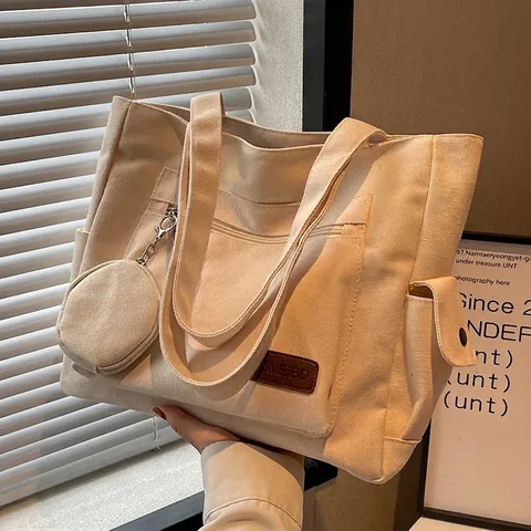 Sac Fourre-tout en Toile Grande Capacité pour Femmes Style Coréen Sac à Épaule Avec Mini Pochette Multi-poches Main Décontracté