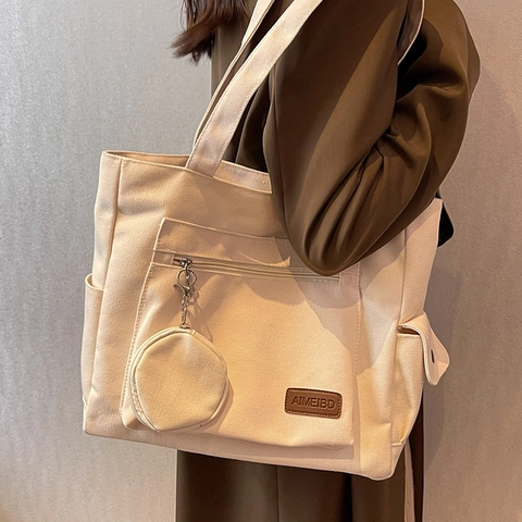 Sac Fourre-tout en Toile Grande Capacité pour Femmes Style Coréen Sac à Épaule Avec Mini Pochette Multi-poches Main Décontracté