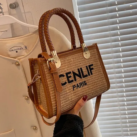 Damen Gewebte Stroh Tote Tasche Kontrast PU Leder Besatz Umhängetasche Mit Gewebtem Griff Buchstabendruck Französisch Retro Casual Handtasche