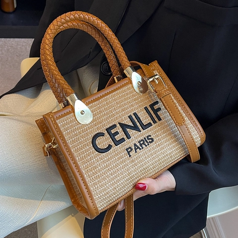 Damen Gewebte Stroh Tote Tasche Kontrast PU Leder Besatz Umhängetasche Mit Gewebtem Griff Buchstabendruck Französisch Retro Casual Handtasche