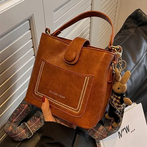 Retro PU Leather Bucket Bag For Women With Rabbit Charm And Ethnic Patterned Wide Strap Small Versatile Crossbody Handbag