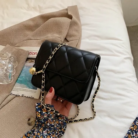 Women Quilted Crossbody Bag PU Leather Rhombic Pattern Chain Shoulder Bag With Metal Ball Adjustment Buckle Fashion Square Flap Purse
