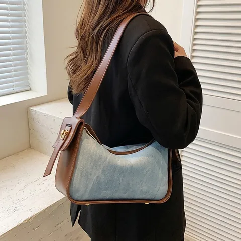 Vintage Denim Leder Patchwork Umhängetasche Für Damen Große Kapazität Schulter Unterarmtasche Mit Goldbeschlägen