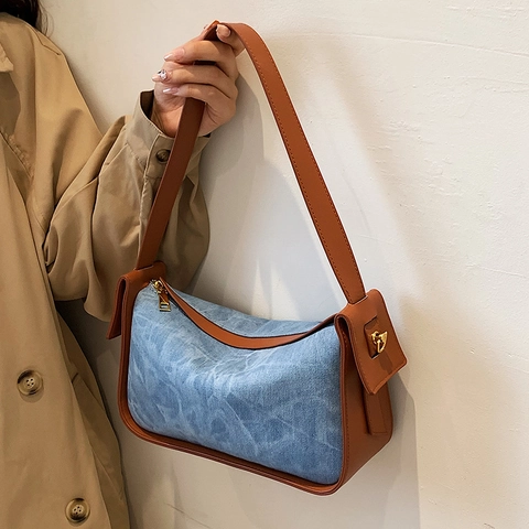 Vintage Denim Leder Patchwork Umhängetasche Für Damen Große Kapazität Schulter Unterarmtasche Mit Goldbeschlägen