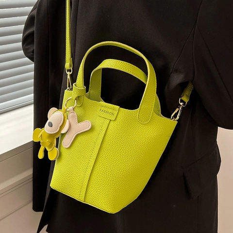 Dames Litchi-korrel PU Leren Emmer Tas Crossbody Handtas Binnenzak Dierlijke Hanger Retro Effen Kleur Schoudertas