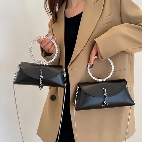 Chic Women Evening Bag PU Leather Rhinestone Round Handle Handbag Trendy Chain Crossbody Small Square Bag Banquet Party