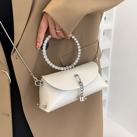 Chic Women Evening Bag PU Leather Rhinestone Round Handle Handbag Trendy Chain Crossbody Small Square Bag Banquet Party