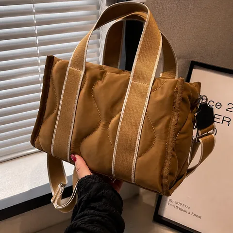 Fashion Wave Quilted Nylon Tote Bag For Women Large Capacity Shoulder Crossbody Bag With Wide Webbing Strap Casual Handbag