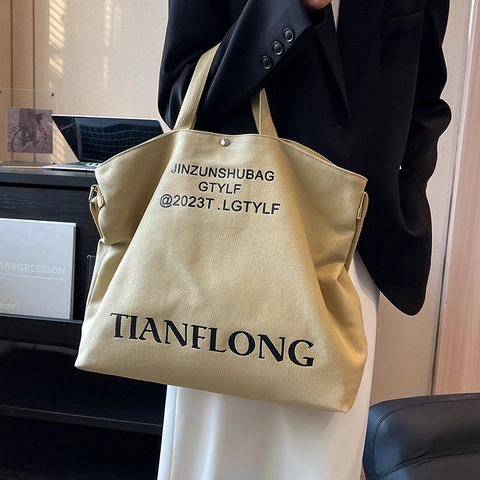 Women Large Capacity Canvas Tote Bag Versatile Shoulder Crossbody Bag With Letter Print For Daily Commute Leisure Style