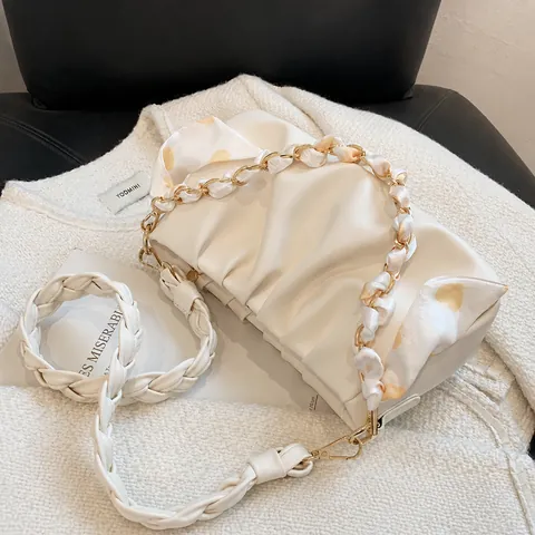 Damen Plissierte Wolken Umhängetasche PU Leder Satin Schal Metallkette Schultertasche Unterarmtasche Elegante Modetasche