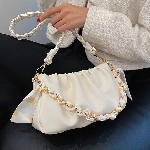 Dames Geplooide Wolktas Crossbody PU Leer Satijnen Sjaal Metalen Ketting Schoudertas Okseltas Modieuze Elegante Tas