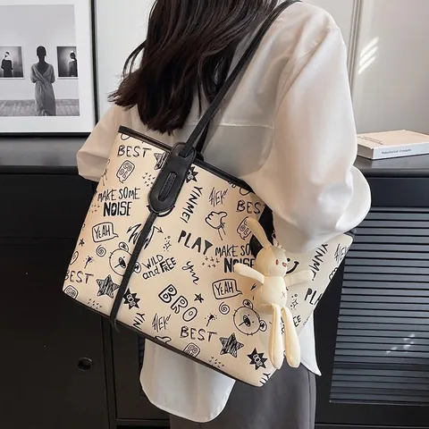Women Large Capacity Graffiti Tote Bag PU Leather Shoulder Bag With Bunny Pendant Casual Shopping Bag School Commute Handbag