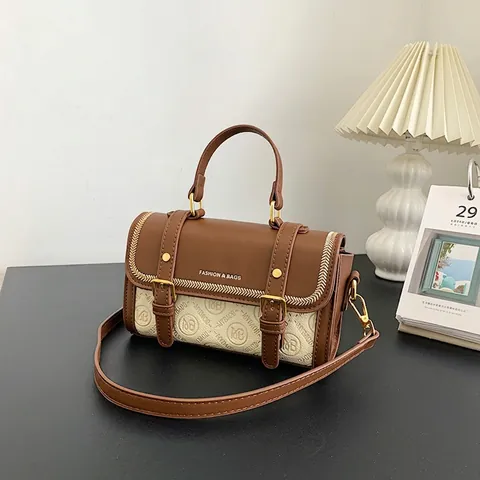 Women Vintage Patchwork Crossbody Bag Faux Leather Canvas Monogram Handbag Small Square Shoulder Bag With Top Handle